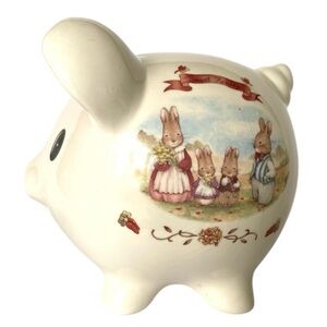 Vintage Pecoware Sweet Family Ceramic Piggy Bank 6.25” Tall Retro Bunny Rabbits